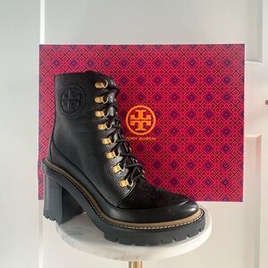 Tory Burch Black Lace Up Boots with Chunky Heel